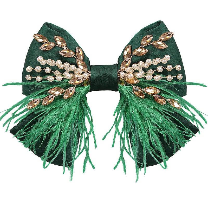 CROWN GUIDE Large Hair Bows Clips for Women Girls Silk Satin Hair Barrettes Feather Coquette Bows Hair Ties Ribbon Bow Claw Clip Hair Accessories with Pearl Crystal Green