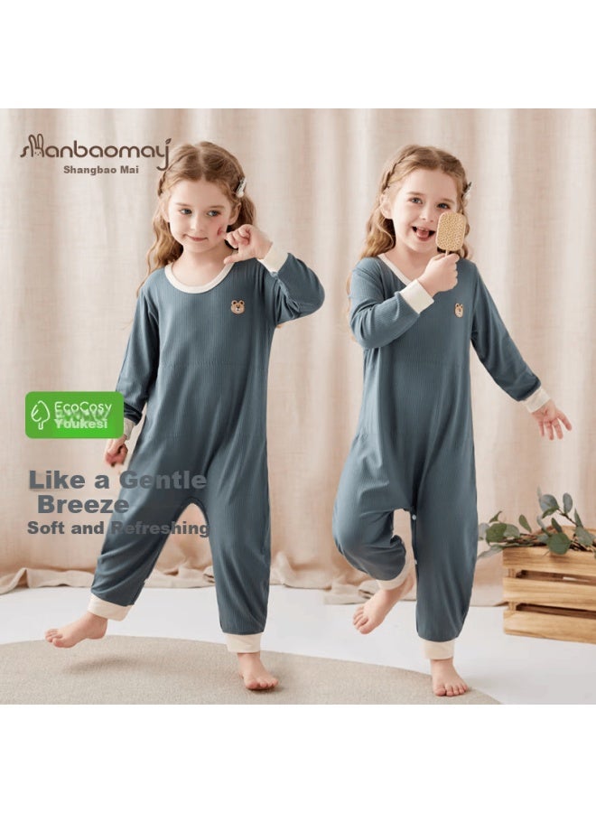 Shanbaomay Spring And Summer Children's Onesie Pajamas, Soft Youkesi Boys And Girls Baby Home Wear, Belly Protection, Cream White, Size 150 - Image 1