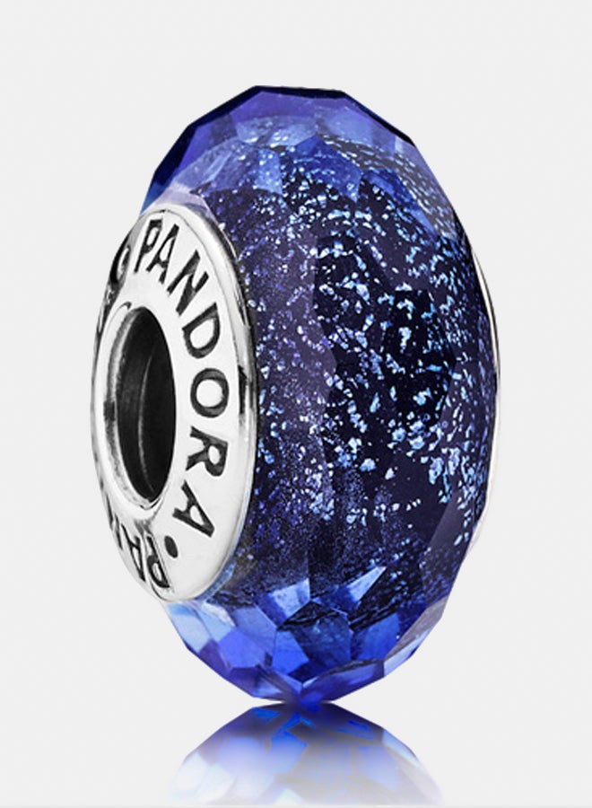 PANDORA Abstract Silver Charm with Faceted Iridescent Blue Murano Glass