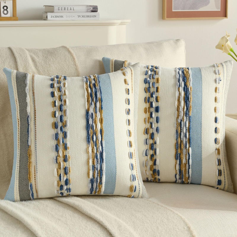 FUTEI Navy Brown Decorative Throw Pillow Covers 18x18 Inch Set of 2, Soft Tufted Striped Textured Accent Cushion Case,Boho Pillows for Couch Decor - Image 1