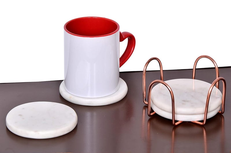 CentraLit طقم كوسترات رخامية بيضاء دائرية من 4 قطع مع حامل - كوسترات نبيذ للبار للطاولة - طقم كوسترات رخامية يدوية الصنع عتيقة مع حامل (شكل دائري) (حامل وردي ذهبي) - Image 4