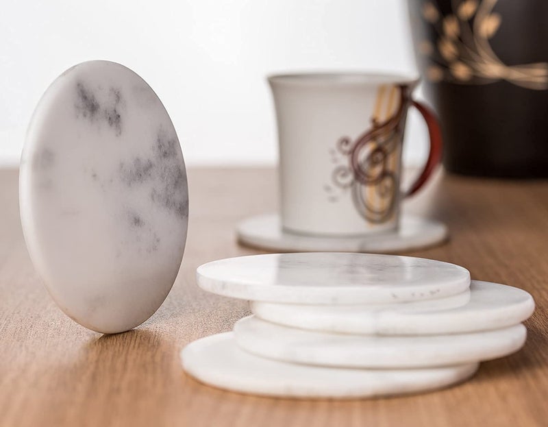 CentraLit طقم كوسترات رخامية بيضاء دائرية من 4 قطع مع حامل - كوسترات نبيذ للبار للطاولة - طقم كوسترات رخامية يدوية الصنع عتيقة مع حامل (شكل دائري) (حامل وردي ذهبي) - Image 3