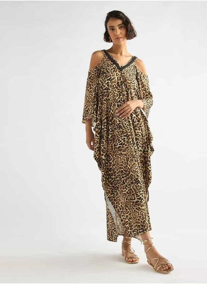 FAV Animal Print V-neck Maxi Dress with Cold Shoulder Sleeves