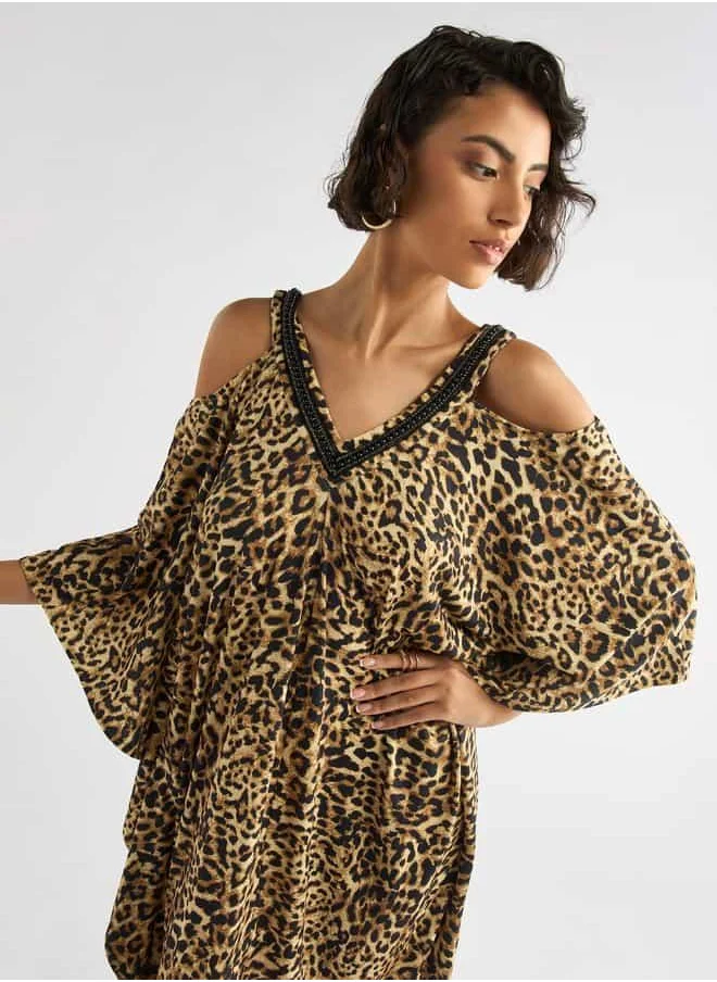 FAV Animal Print V-neck Maxi Dress with Cold Shoulder Sleeves