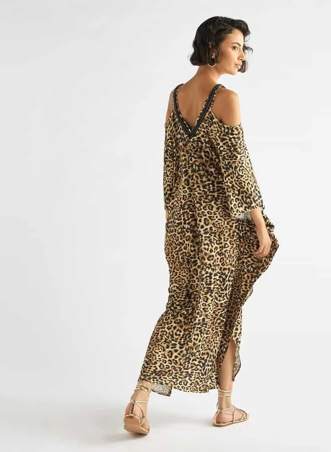 Splash FAV Animal Print V-neck Maxi Dress with Cold Shoulder Sleeves