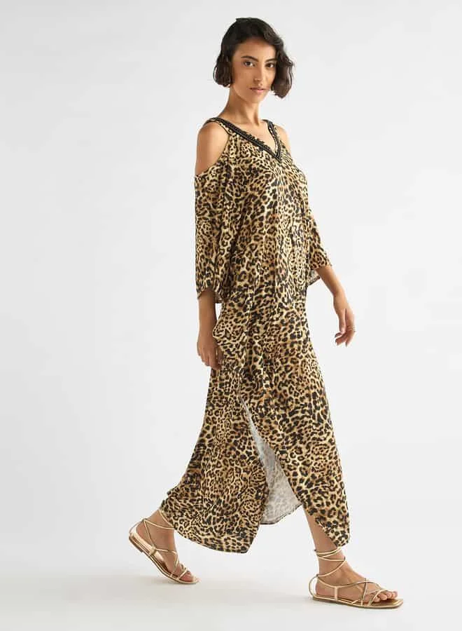 Splash FAV Animal Print V-neck Maxi Dress with Cold Shoulder Sleeves