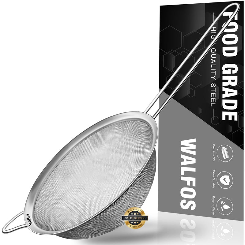 Walfos مصفاة ولفوس 8 بوصة بشبكة دقيقة من الفولاذ المقاوم للصدأ مع إطار معزز ومقبض قوي مثالية لتصفية وتصريف وشطف الخضروات والمعكرونة والشاي