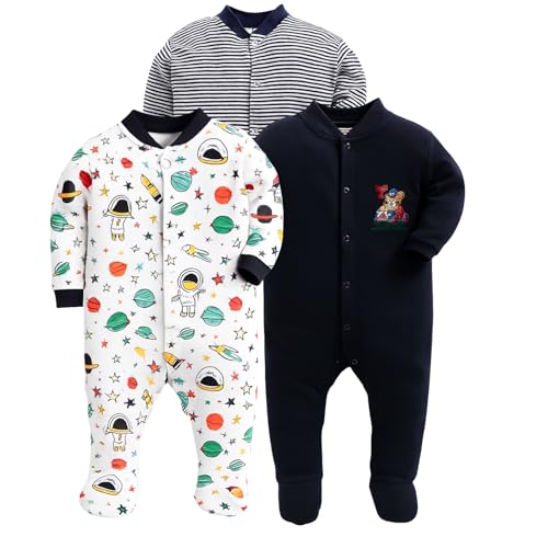 EIO® 100% Cotton Rompers Sleepsuits Jumpsuit Night Suits for Infants Newborn Baby Boys & Girls Pack of 3 (0-3 Months, Yellow) (9-12 Months, Black) - Image 1