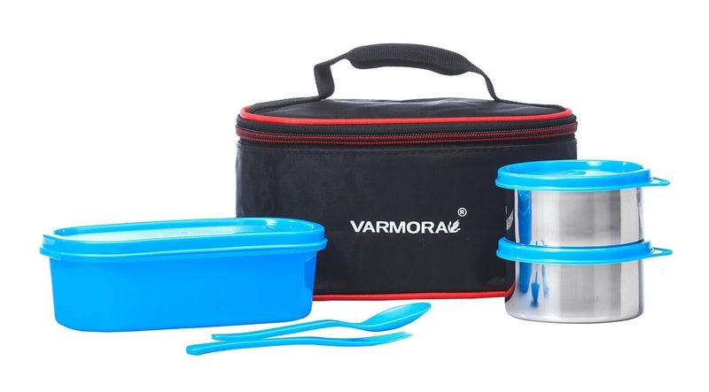 Varmora SS Duo Stainless Steel Lunch Box with 3 Airtight & Leak Proof Containers - Blue - Image 1