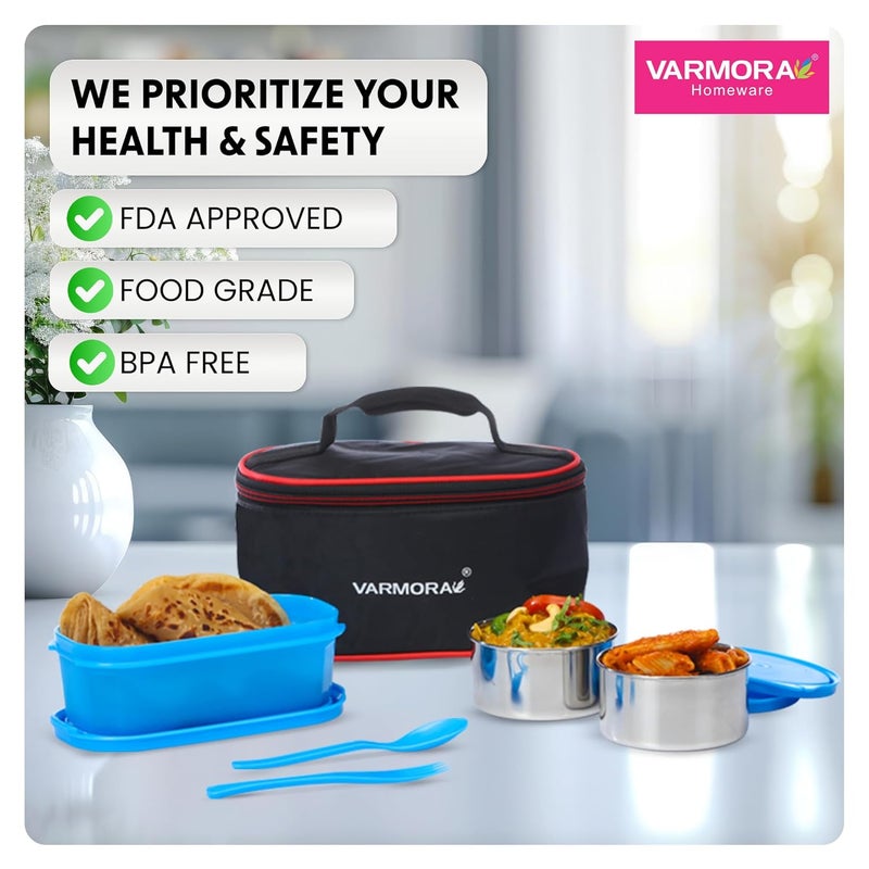 Varmora SS Duo Stainless Steel Lunch Box with 3 Airtight & Leak Proof Containers - Blue - Image 3