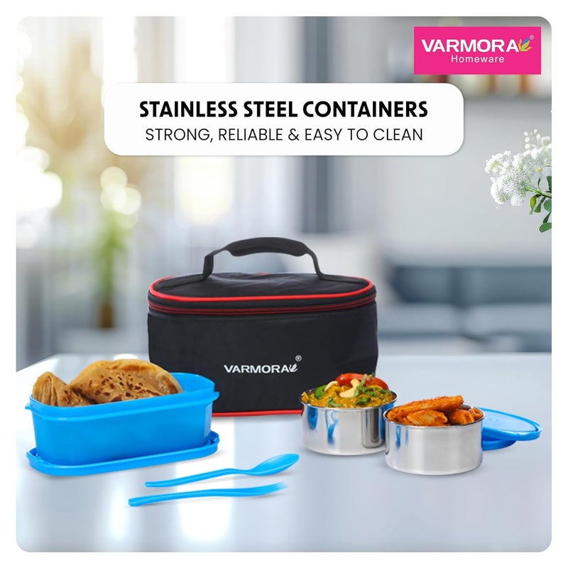 Varmora SS Duo Stainless Steel Lunch Box with 3 Airtight & Leak Proof Containers - Blue - Image 5