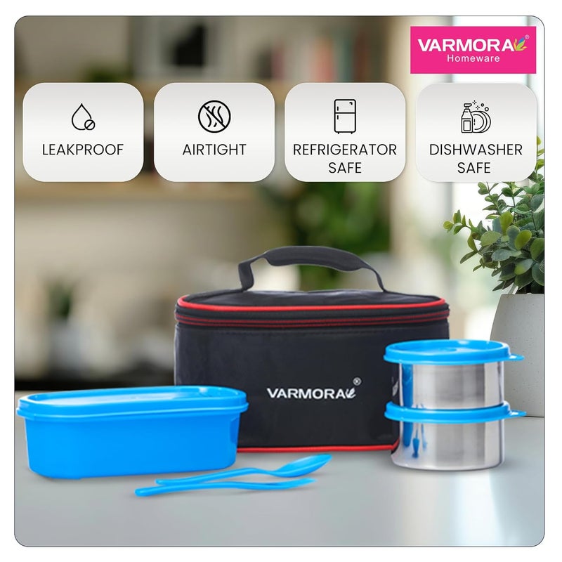 Varmora SS Duo Stainless Steel Lunch Box with 3 Airtight & Leak Proof Containers - Blue - Image 4