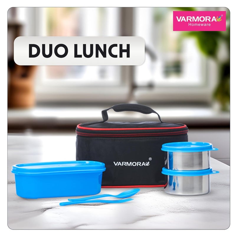 Varmora SS Duo Stainless Steel Lunch Box with 3 Airtight & Leak Proof Containers - Blue - Image 2
