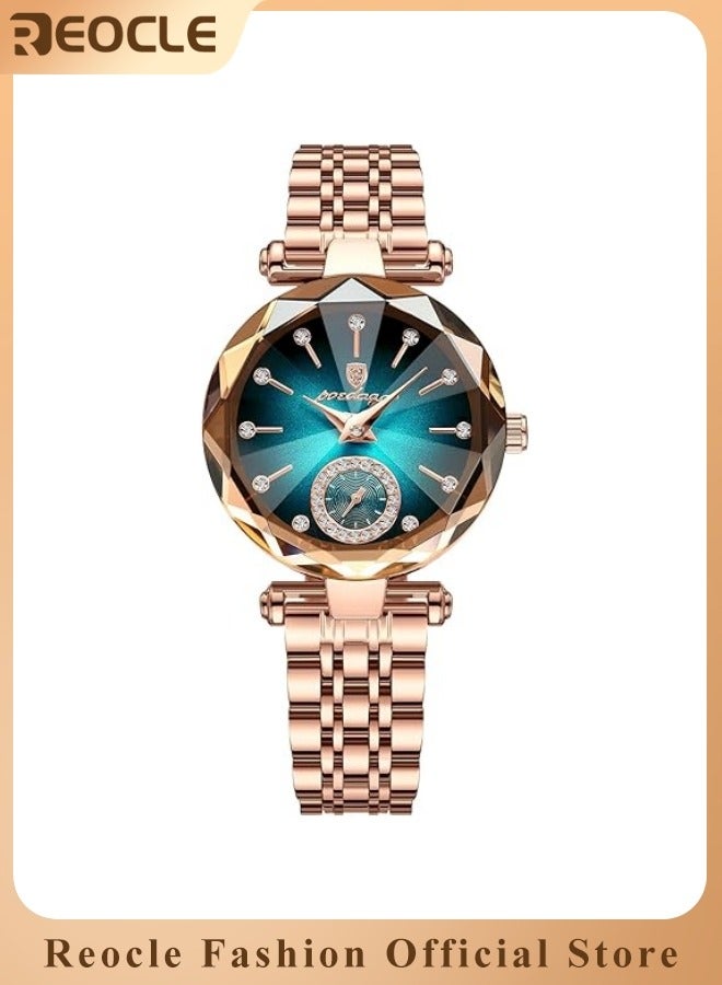 REOCLE Ladies Watch Womens Watches Jewellery Crystal Bracelet Watch with Diamond Cut Mirror Womens Elegant Watch Analog Quartz Watches Stainless Steel Green - Image 1