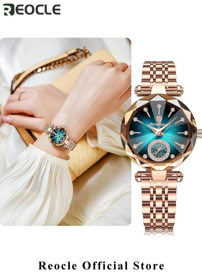REOCLE Ladies Watch Womens Watches Jewellery Crystal Bracelet Watch with Diamond Cut Mirror Womens Elegant Watch Analog Quartz Watches Stainless Steel Green - Image 2