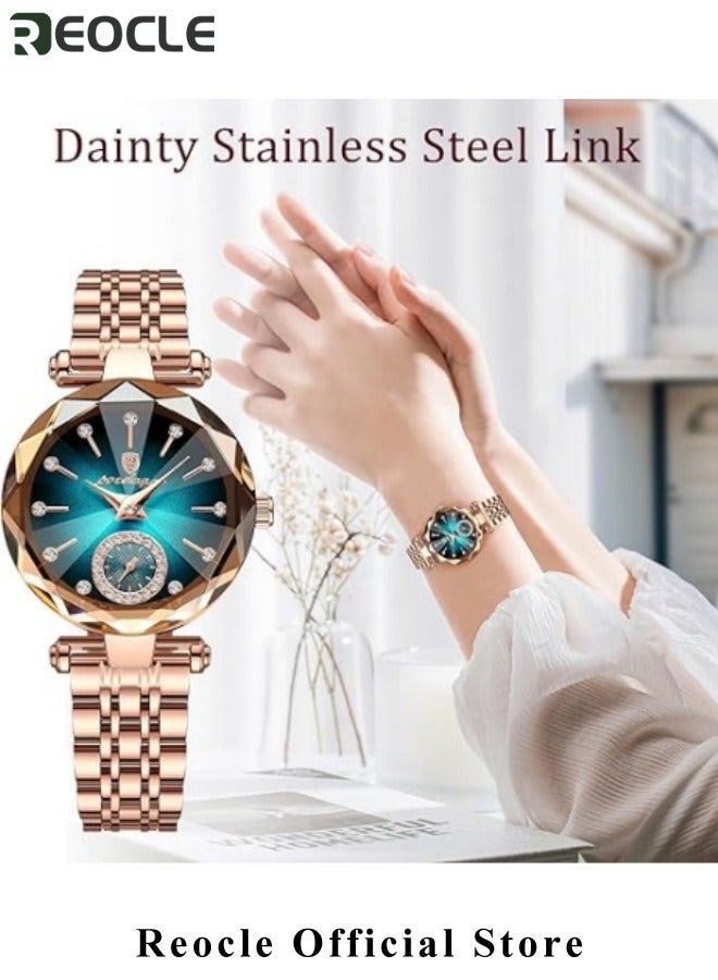 REOCLE Ladies Watch Womens Watches Jewellery Crystal Bracelet Watch with Diamond Cut Mirror Womens Elegant Watch Analog Quartz Watches Stainless Steel Green - Image 3