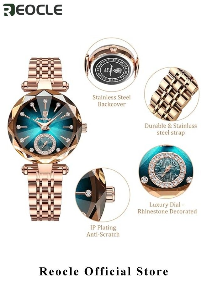 REOCLE Ladies Watch Womens Watches Jewellery Crystal Bracelet Watch with Diamond Cut Mirror Womens Elegant Watch Analog Quartz Watches Stainless Steel Green - Image 4