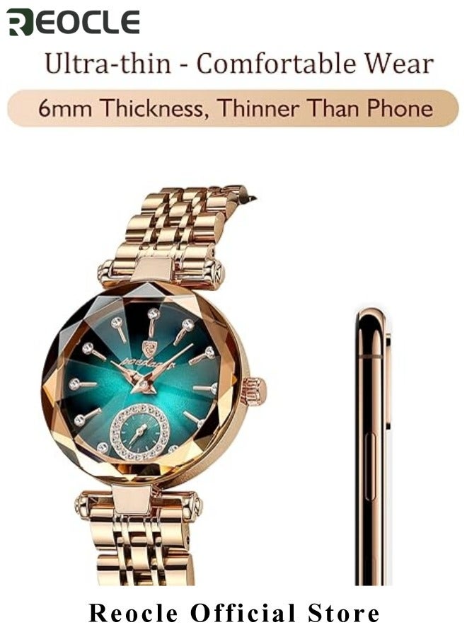 REOCLE Ladies Watch Womens Watches Jewellery Crystal Bracelet Watch with Diamond Cut Mirror Womens Elegant Watch Analog Quartz Watches Stainless Steel Green - Image 5