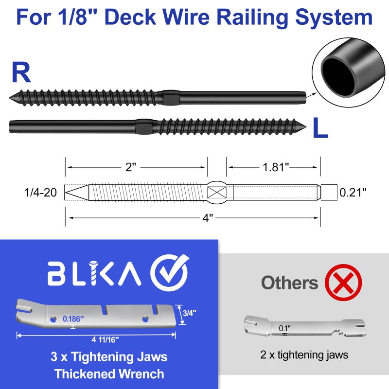 BLIKA 20 Pack T316 Stainless Steel Black Right&Left Handed Thread Swage Lag Screws for Wood Posts of 1/8" Deck Cable Railing Kit, Wire Railing Kit for Decks with Wrench, DIY Wood Baluster - Image 2