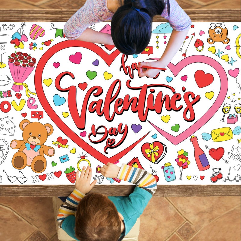 CUUSNNY Valentines Day Large Coloring Tablecloth for Kids, Valentine's Day Giant Coloring Poster for Classroom Activity and Home Party Favors, 30x72 Inch - Image 1