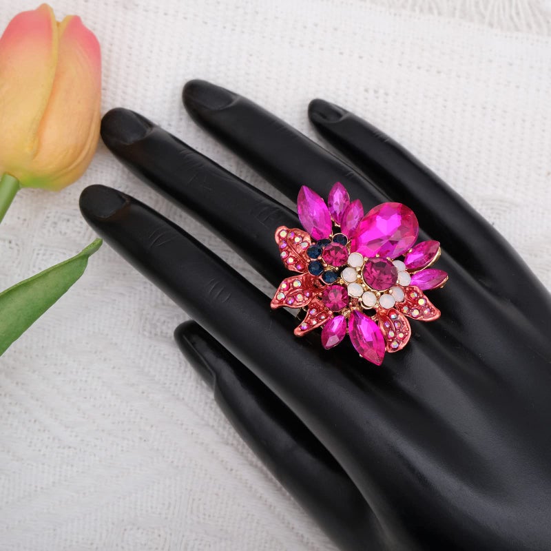 CSY Luxury Women's Austrian Crystal Leaves Flower Big Cocktail Statement Rings Stretch Adjustable Ring Jewelry Accessories (hot pink-gold tone) - Image 4