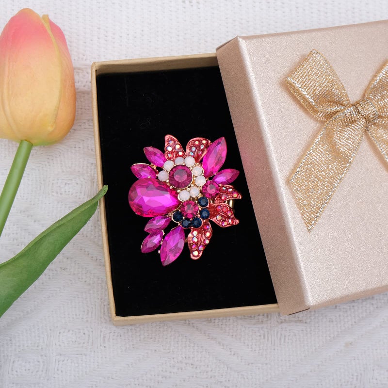 CSY Luxury Women's Austrian Crystal Leaves Flower Big Cocktail Statement Rings Stretch Adjustable Ring Jewelry Accessories (hot pink-gold tone) - Image 3