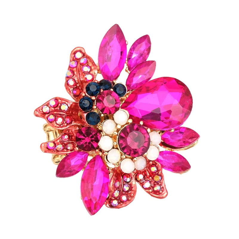 CSY Luxury Women's Austrian Crystal Leaves Flower Big Cocktail Statement Rings Stretch Adjustable Ring Jewelry Accessories (hot pink-gold tone) - Image 1