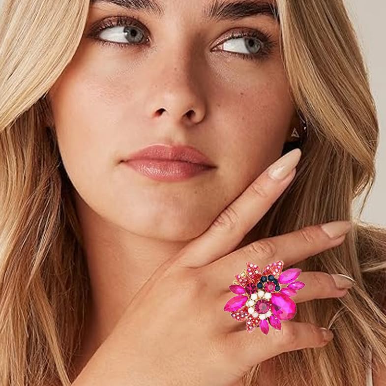 CSY Luxury Women's Austrian Crystal Leaves Flower Big Cocktail Statement Rings Stretch Adjustable Ring Jewelry Accessories (hot pink-gold tone) - Image 2
