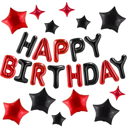 CANREVEL Happy Birthday Banner 13pcs 16 Inch Mylar Foil Letters with 12pcs Star Balloons Birthday Party Decorations for Kids and Adults 3D Black Red - Image 1