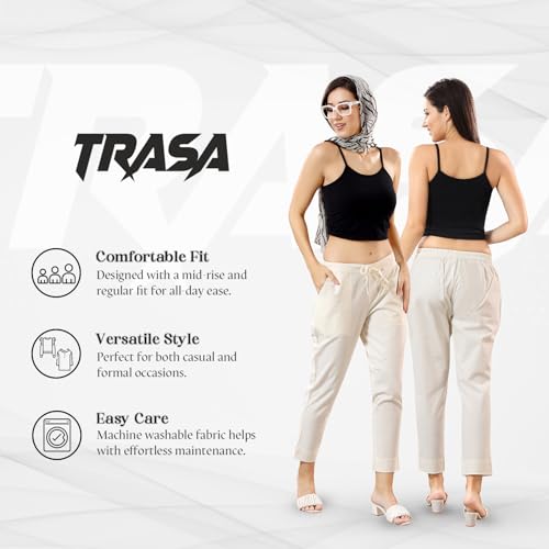 TRASA Ultra Soft Cotton Regular and Plus 8 Colour Cotton Pants for Womens and Girls, Cream - M - Image 2
