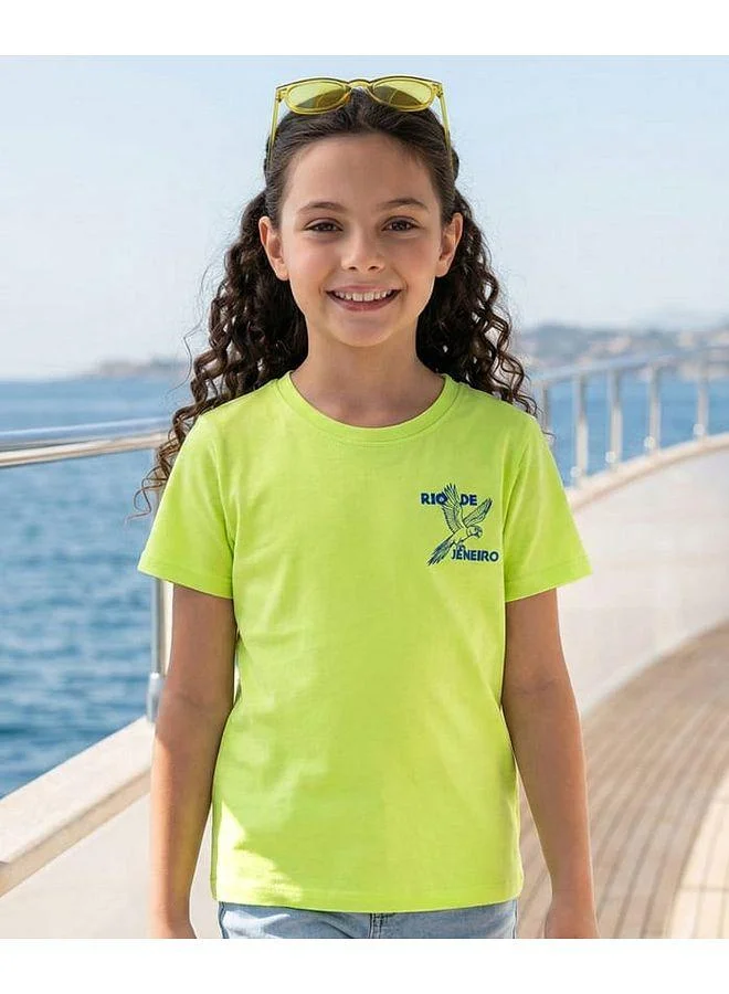 Pine Kids Pine Kids Cotton Knit Half Sleeves T-Shirt with Front and Back Rio Print - Lime Green