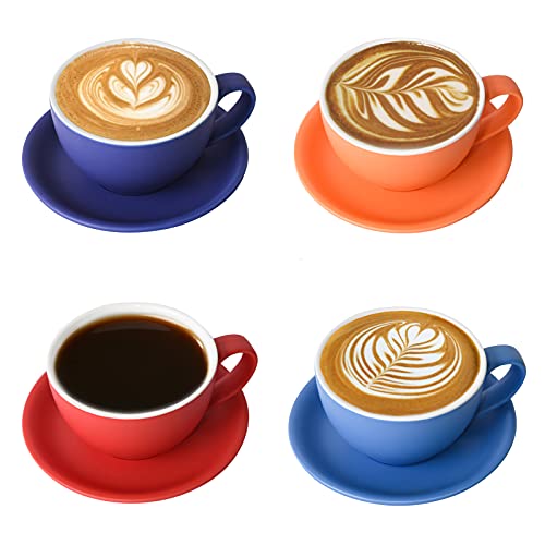 Yundu Ceramics Latte Cup and Saucer - 10 oz for Cappuccino,Tea,Cafe Mocha, Set of 4,Matte Mixed Color - Image 1