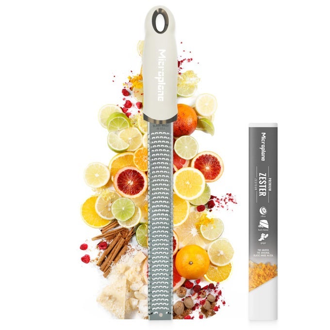 ZESTER GRATER IN CASHMERE BEIGE FOR CITRUS FRUITS HARD CHEESE GINGER CHOCOLATE AND NUTMEG WITH FINE STAINLESS STEEL BLADE MADE IN USA