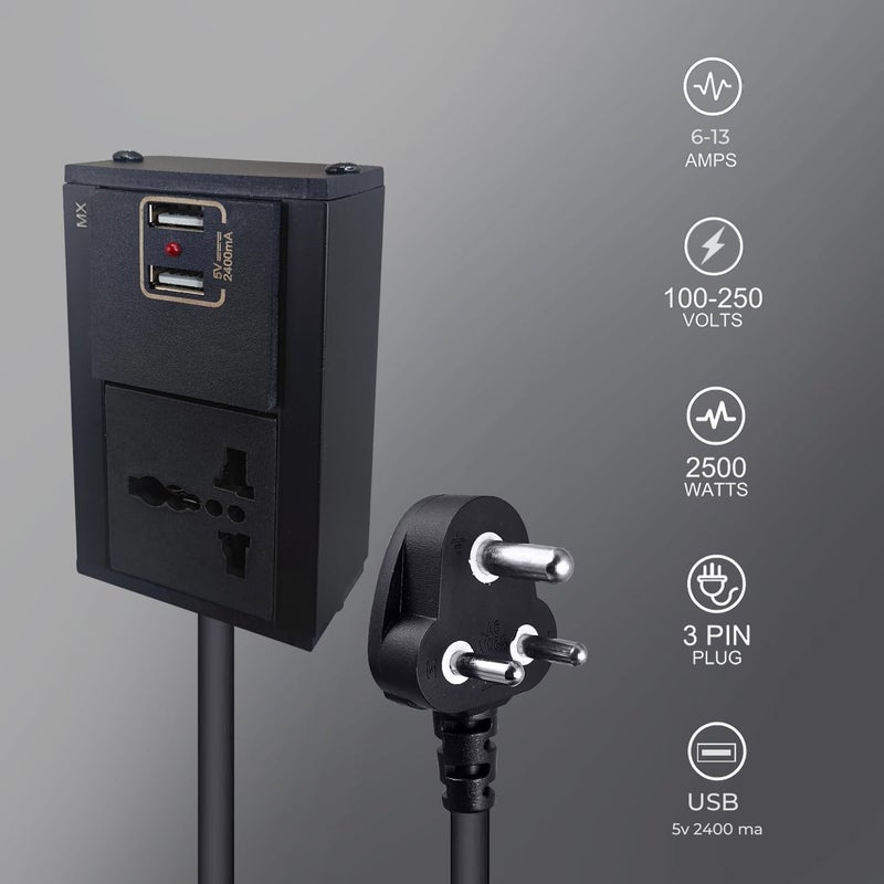 MX Single Socket Extension Cord with 2 USB Ports (5V/2.4A), Universal Socket Power Strip (6A–13A), Heavy Duty Extension Board 5 Meter Cable 3 pin Socket with Safety Shutter - Image 4