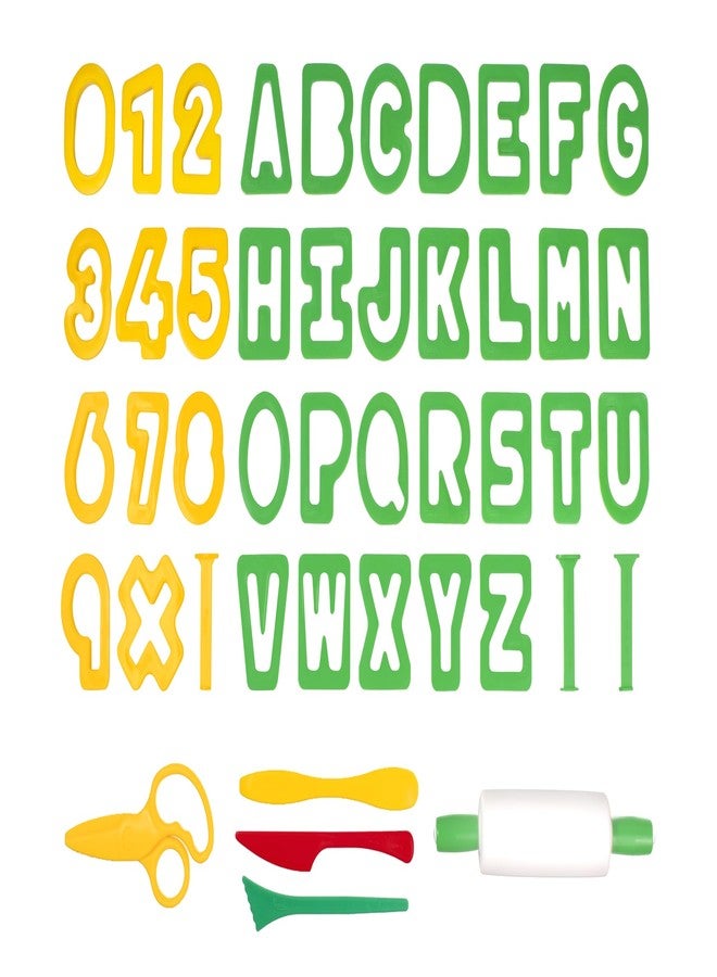 Jovi - Playdough Tools for Kids, 44 Modeling and Cutting Tools for Modeling Clays, Air Dry, Dough, Plasticine... Accessories Set with Letters, Numbers, 1 Rolling Pin and Scissors (P7AN) - Image 1