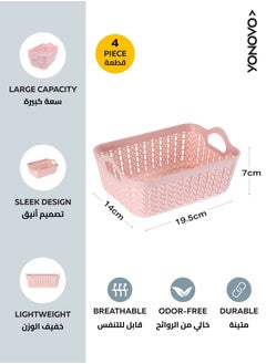 يونوفو طقم حافظة طعام بلاستيك 4 قطع - وردي - سلال تنظيم متينة مع تصميم مهوى ومقابض مريحة، قابلة للتكديس وخفيفة الوزن - مثالية لتخزين المطبخ، الحمام، المكتب، حضانة الأطفال، والرفوف.  - Image 2