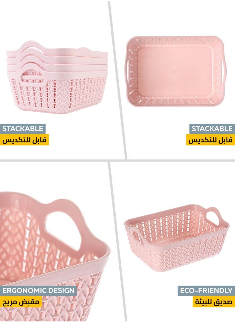 Yonovo Plastic Storage Basket - 4-Piece, Pink - Durable Organizer Bins with Ventilated Design and Ergonomic Handles, Stackable and Lightweight - Ideal for Kitchen, Bathroom, Office, Nursery, Pantry, and Shelf Storage  - Image 4