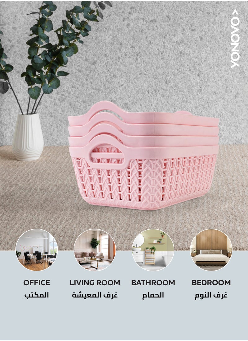 Yonovo Plastic Storage Basket - 4-Piece, Pink - Durable Organizer Bins with Ventilated Design and Ergonomic Handles, Stackable and Lightweight - Ideal for Kitchen, Bathroom, Office, Nursery, Pantry, and Shelf Storage  - Image 5