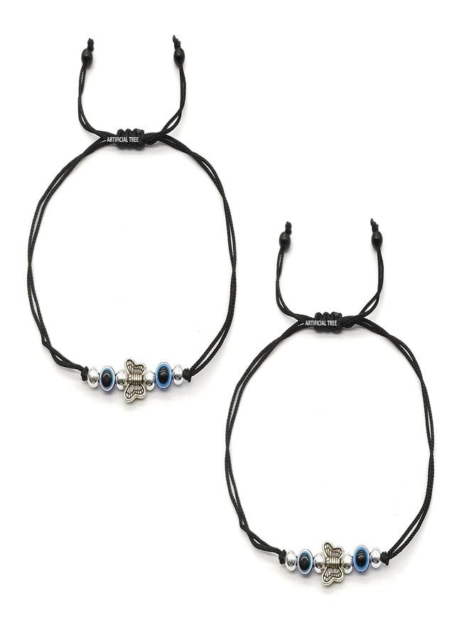 ARTIFICIAL TREE German Silver Evil Eye + Butter Fly Ball Charms Black Thread Adjustable Anklet for Women and Girls (AT ANK 049) - Image 1