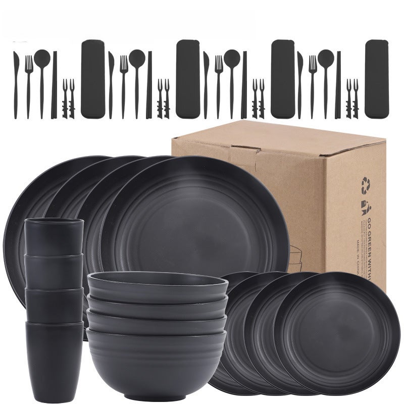 Amazon Cross-Border Supply Black Wheat Straw Pp Plate Dish Cup Home Dining Plate Soup Bowl Cup Tableware Set([16-piece set] 4 cups, 4 bowls, 4 small plates, 4 large plates) - Image 5