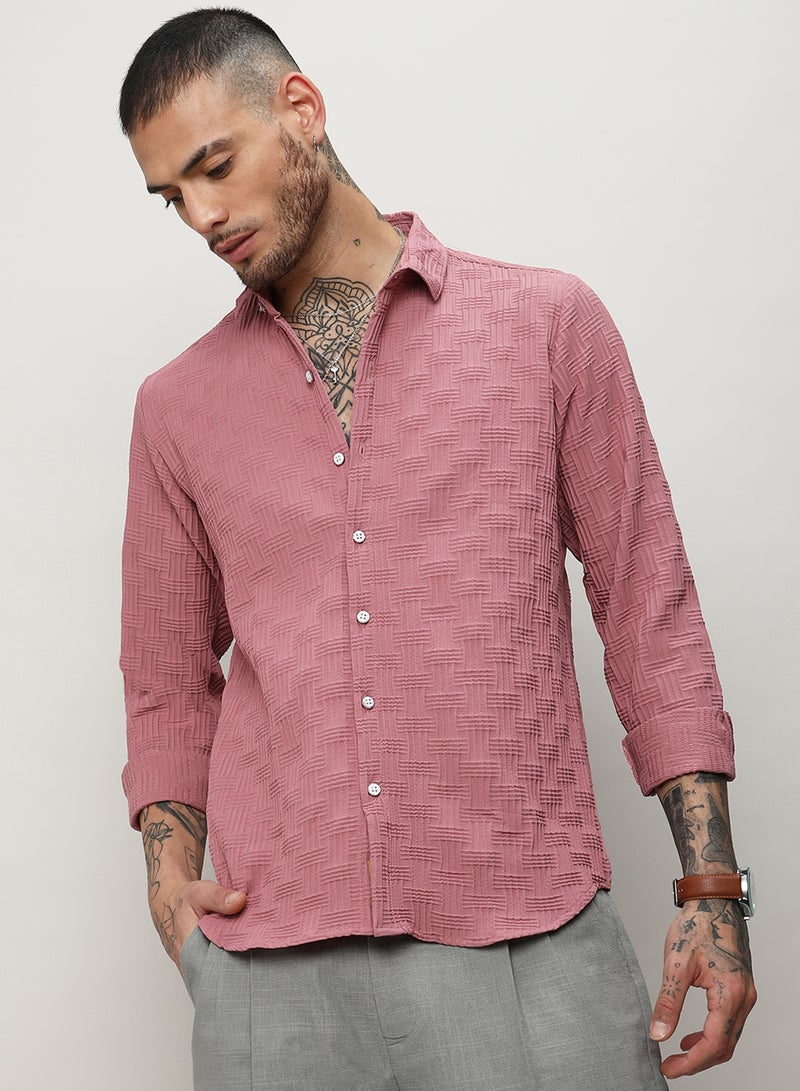 Campus Sutra Men's Nude Pink Self-Design Intertwine Shirt - Image 2