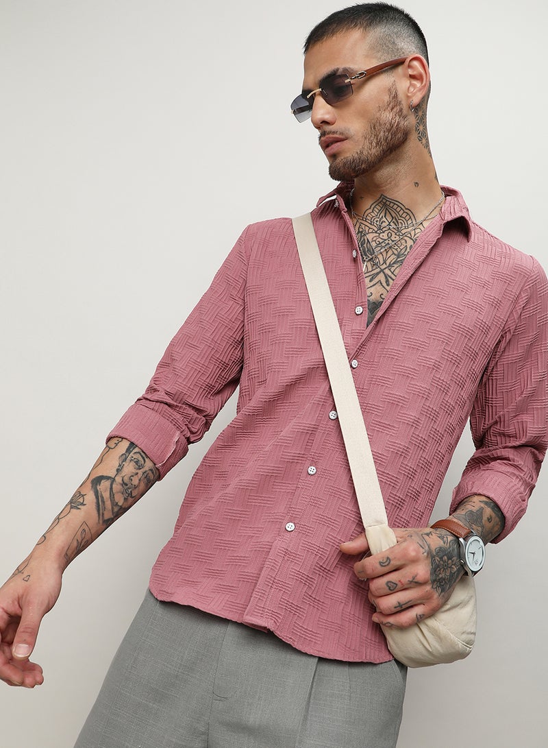 Campus Sutra Men's Nude Pink Self-Design Intertwine Shirt - Image 1