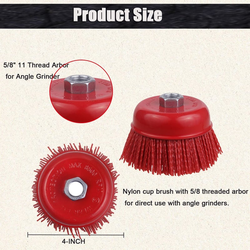 WENORA 4 Inch Abrasive Filament Nylon Cup Brush for Angle Grinder, 5/8" 11 Thread, Nylon Wheel Brush for Grinders -Remove Rust, Corrosion, Paint, for Surface Pre-Treatment of Various Metals (2 Pack) - Image 3