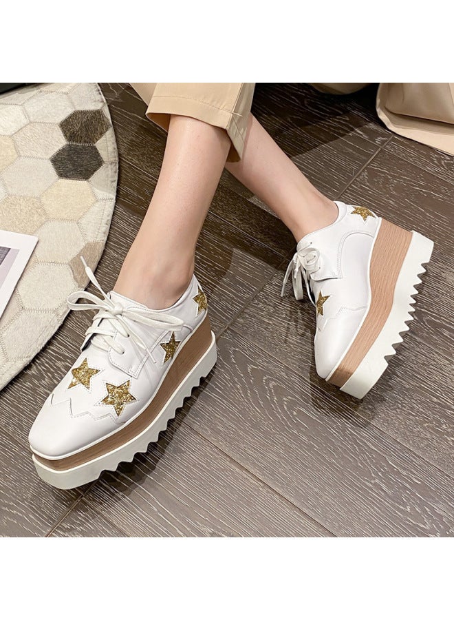 Korean Style  Star Shoes Thick-soled Platform Shoes Patent Leather High-heeled Square-toe Wedge Shoes Women's Casual British Style Versatile