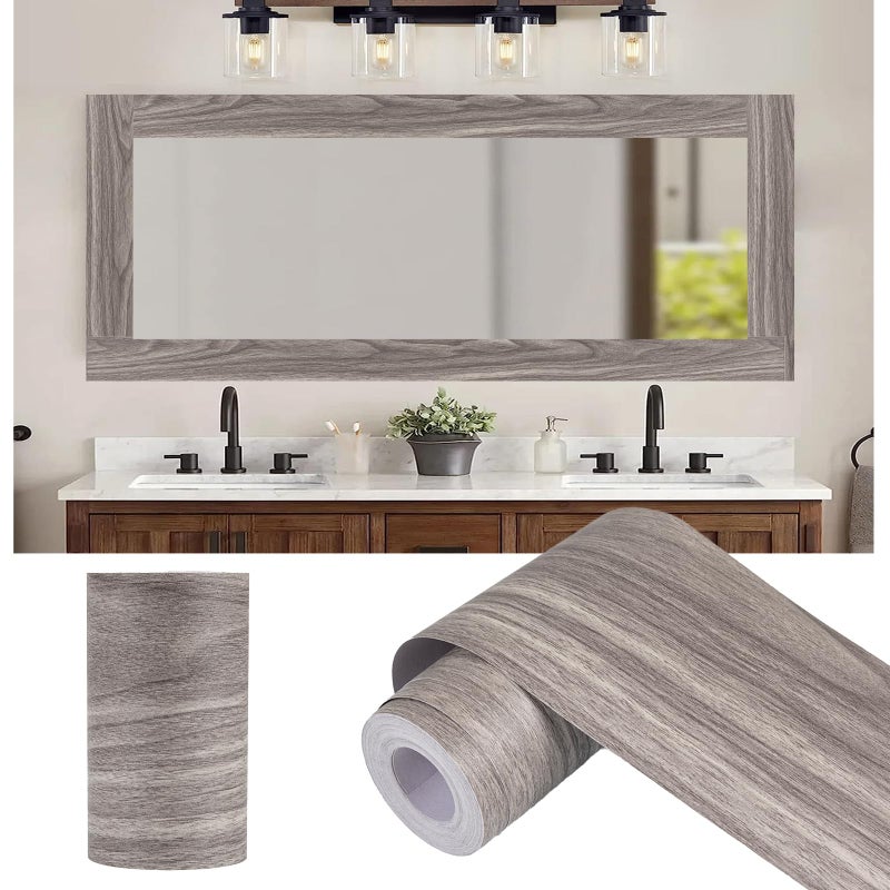 Alened 10M Grey Wood Grain Mirror Frame Border Peel and Stick Wallpaper Removable PVC Waterproof Bathroom Mirror Tape Sticker Trim Kitchen Wallpaper Self Adhesive Decor Sticker 393 x 393