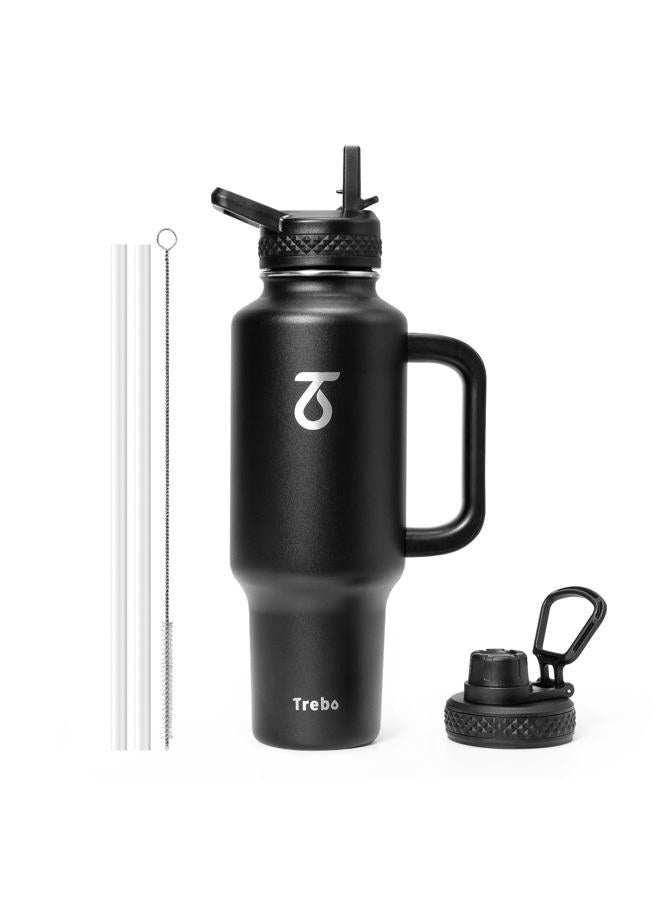 Trebo 40 oz Water Bottle Insulated Fit Car Cup Holder with Handle, Stainless Steel Water Bottles Flask with Spout Straw Lids, Double Wall Travel Reusable Tumbler, Leakproof Mug,Keep Cold &Hot,Black - Image 1