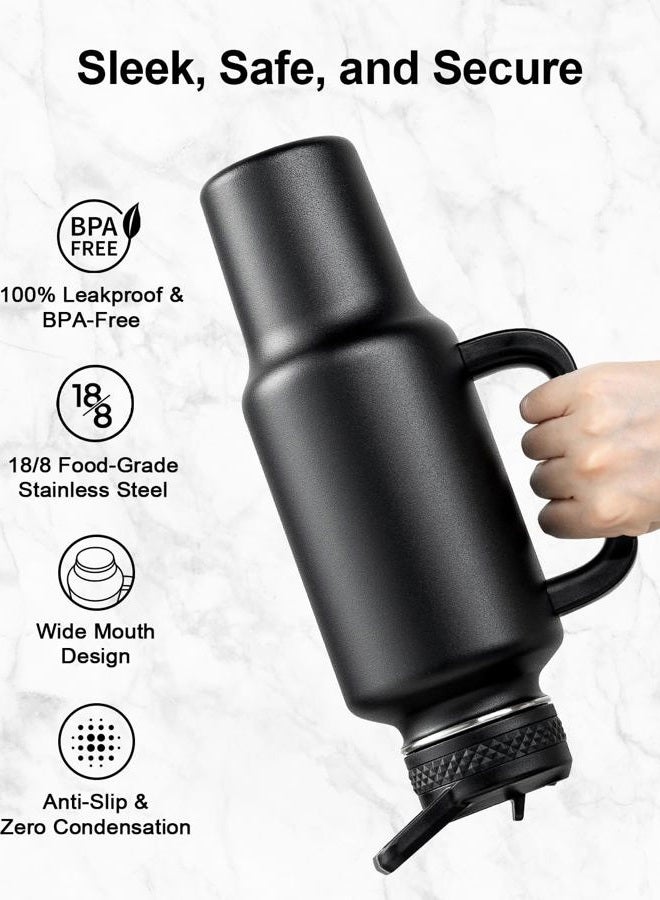 Trebo 40 oz Water Bottle Insulated Fit Car Cup Holder with Handle, Stainless Steel Water Bottles Flask with Spout Straw Lids, Double Wall Travel Reusable Tumbler, Leakproof Mug,Keep Cold &Hot,Black - Image 4