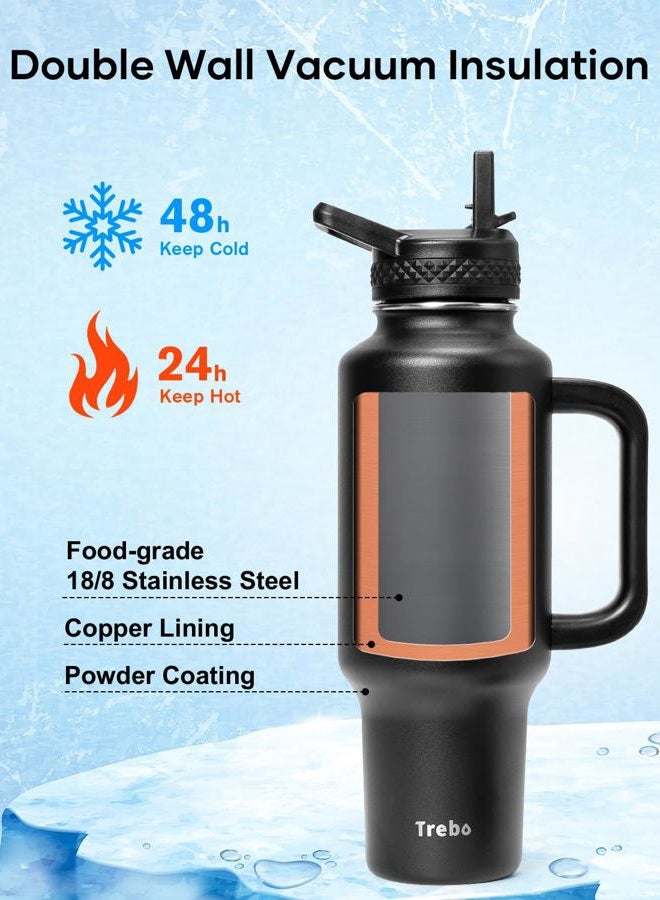 Trebo 40 oz Water Bottle Insulated Fit Car Cup Holder with Handle, Stainless Steel Water Bottles Flask with Spout Straw Lids, Double Wall Travel Reusable Tumbler, Leakproof Mug,Keep Cold &Hot,Black - Image 3
