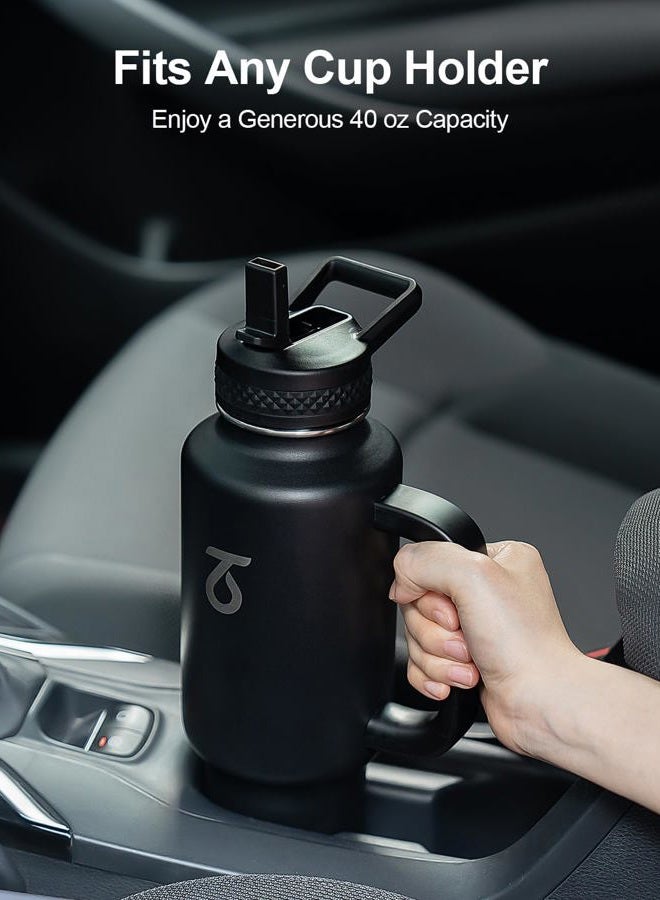 Trebo 40 oz Water Bottle Insulated Fit Car Cup Holder with Handle, Stainless Steel Water Bottles Flask with Spout Straw Lids, Double Wall Travel Reusable Tumbler, Leakproof Mug,Keep Cold &Hot,Black - Image 2