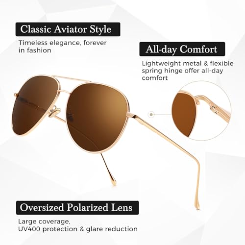 SUNGAIT Women’s Lightweight Oversized Aviator Sunglasses - Polarized Lens (Light-Gold Frame/Non-mirrored Brown Lens, 60) 1603TKC - Image 3